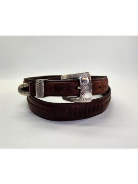 Brighton Onyx Men's Brown Leather Belt Size 40 Woven Inlay Silver Buckle Vintage